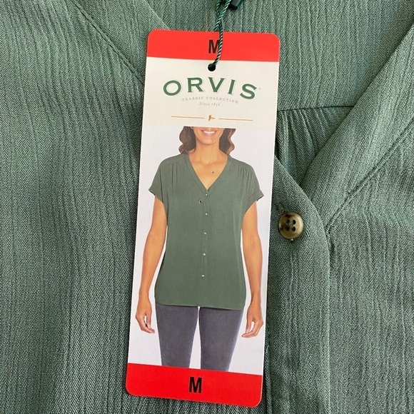 Orvis Blouse V-Neck, Button Front, Dolman Sleeve, Green, Crepe, Medium NWT - Picture 4 of 13